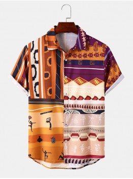 Mens Tribal Ornament Patchwork Print Short Sleeve All Matched Shirts
