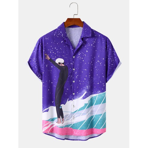 Mens Surf Riding Boy Pattern Revere Collar Buttons Shirts Mens Surf Riding Boy Pattern Revere Collar Buttons Shirts
