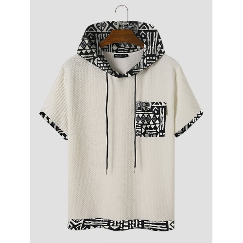 Mens Monochrome Geometric Print Splice Texture Short Sleeve Hooded T Shirts Mens Monochrome Geometric Print Splice Texture Short Sleeve Hooded T Shirts