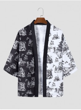 Mens Two Tone Tiger Print Hit Trim Front Open Kimonos