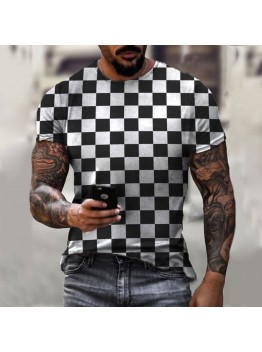 Round neck black and white plaid creative T-shirt HF2214-02-04