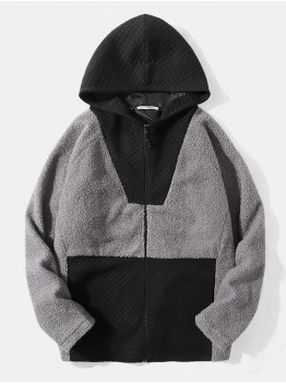 Men Teddy Patchwork Zipper Contrast Color Side Pocket Jackets