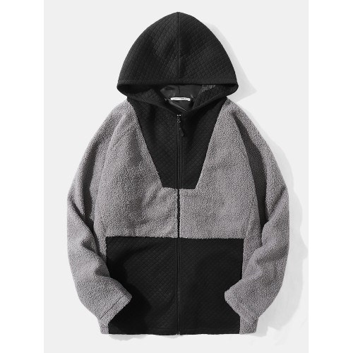 Men Teddy Patchwork Zipper Contrast Color Side Pocket Jackets Men Teddy Patchwork Zipper Contrast Color Side Pocket Jackets