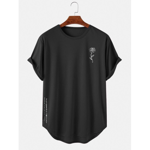Mens Rose Japanese Print Curved Hem Short Sleeve T  Shirts