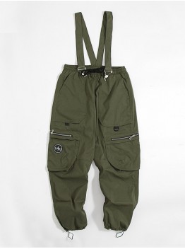 Men Multi Pockets Solid Color Belted Utility Zip String Casual Cargo Pants Overalls