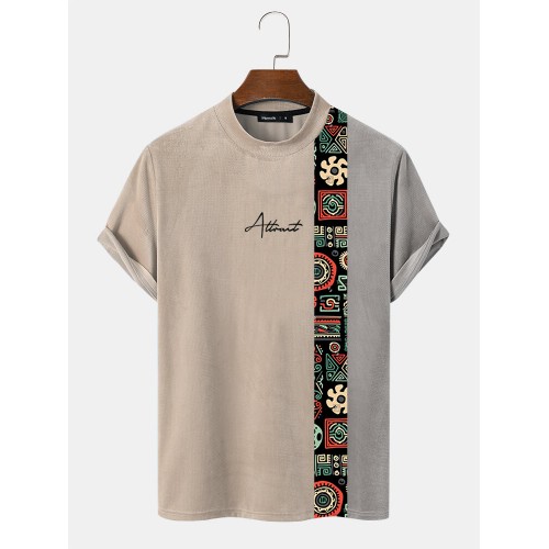 Mens Letter Geometric Print Patchwork Mock Neck Short Sleeve T Shirts Mens Letter Geometric Print Patchwork Mock Neck Short Sleeve T Shirts