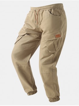 Men Solid Color Utility Pocket Street Elastic Waist Casual Cargo Pants