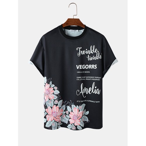 Mens Letter Floral Print Crew Neck Short Sleeve T Shirts Mens Letter Floral Print Crew Neck Short Sleeve T Shirts