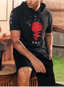 Mens Red Sun Japanese Print Short Sleeve Drawstring Hooded T  Shirts