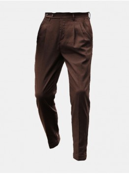 Men Solid Color Pleated Button Side Pockets Ankle Length Business Pants