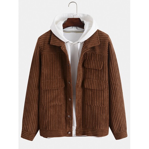 Men Corduroy Vintage Solid Color Button Collar Pockets Casual Jackets Men Corduroy Vintage Solid Color Button Collar Pockets Casual Jackets