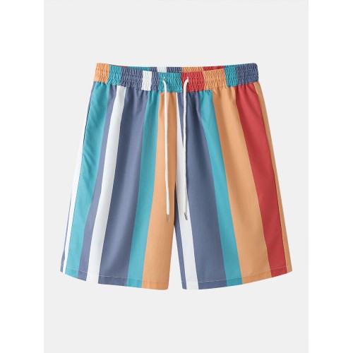 Men Colorful Striped Holiday Loose Drawstring Shorts With Pocket Men Colorful Striped Holiday Loose Drawstring Shorts With Pocket