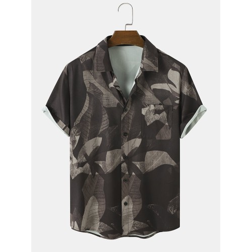 Mens Tropical Leaf Print Chest Pocket Holiday Short Sleeve Shirts Mens Tropical Leaf Print Chest Pocket Holiday Short Sleeve Shirts