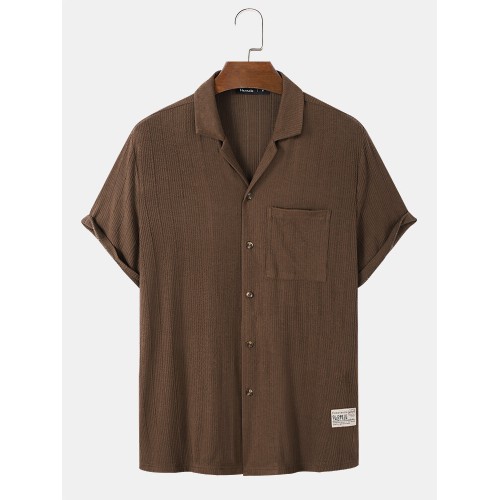 Mens Textured Applique Solid Color Daily Short Sleeve Shirts