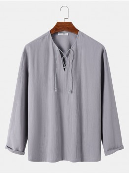 Mens Solid Color Bandage V  Neck Cotton Long Sleeve T  Shirts