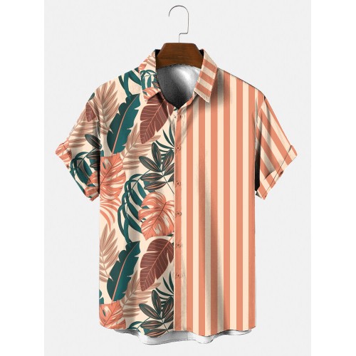 Mens Tropical Leaf Striped Print Holiday Short Sleeve Shirts Mens Tropical Leaf Striped Print Holiday Short Sleeve Shirts
