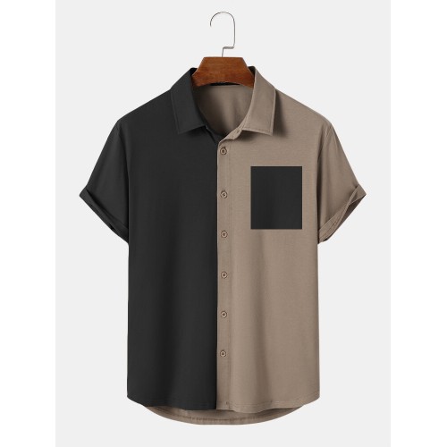 Mens Two Tone Patchwork Button Up Short Sleeve Shirts Mens Two Tone Patchwork Button Up Short Sleeve Shirts