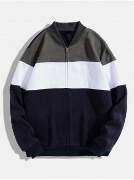 Men Patchwork Contrast Color Zip Baseball Collar Casual Jackets