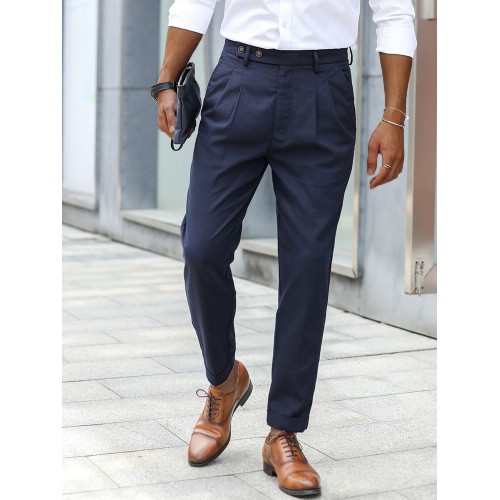 Men Solid Color Formal Side Button Pockets Ankle Length Business Pants Men Solid Color Formal Side Button Pockets Ankle Length Business Pants