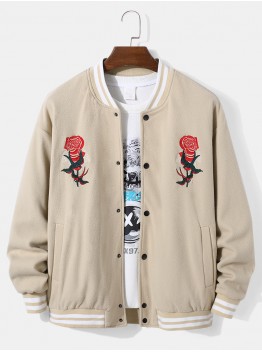 Men Flower Embroidery Striped Side Pocket Long Sleeve Jackets