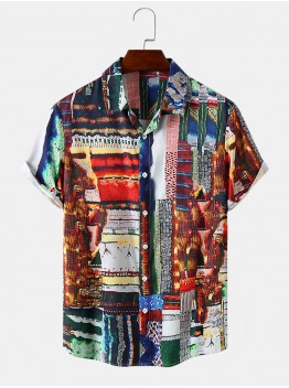 Mens Tribal Pattern Spliced Hem Cuff Comfy Shirts