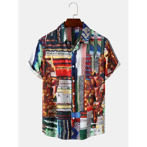Mens Tribal Pattern Spliced Hem Cuff Comfy Shirts Mens Tribal Pattern Spliced Hem Cuff Comfy Shirts