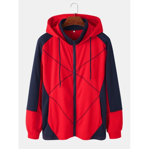 Mens Patchwork Contrast Color Zipper Casual Sports Hooded Jacket Mens Patchwork Contrast Color Zipper Casual Sports Hooded Jacket