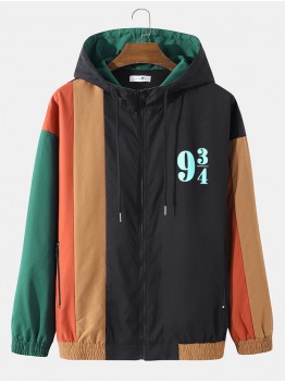 Men Patchwork Color Block Print Full Zip Pocket Hoodies Windbreaker Jackets