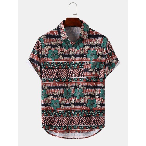 Mens Tribal Floral Print Pocket Hem Cuff Short Sleeve Shirts