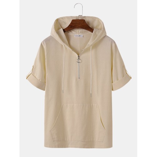 Mens Solid Half Zip Roll Up Sleeve Cotton Hooded T Shirts Mens Solid Half Zip Roll Up Sleeve Cotton Hooded T Shirts
