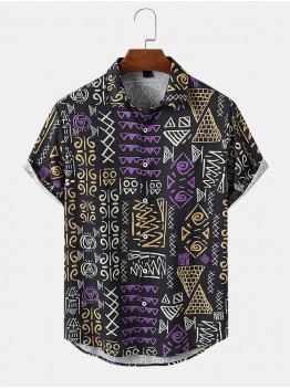 Mens Tribal Print Icon Pattern Retro Curved Hem Shirts