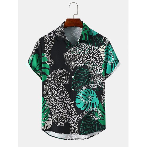 Mens Tiger Graphic Leaves Short Sleeve Lapel Shirts Mens Tiger Graphic Leaves Short Sleeve Lapel Shirts