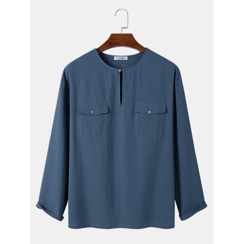 Mens Solid Color Button Neck Flap Pocket Cotton Long Sleeve T  Shirts