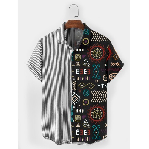Mens Tribal Print Striped Patchwork Short Sleeve All Matched Shirts
