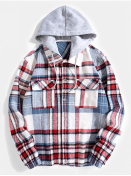 Men Contrast Color Pockets Button up Lapel Hooded Shirts Jackets