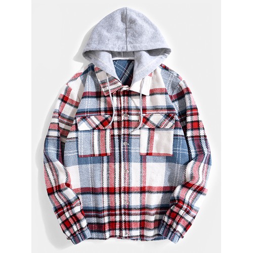 Men Contrast Color Pockets Button up Lapel Hooded Shirts Jackets Men Contrast Color Pockets Button up Lapel Hooded Shirts Jackets