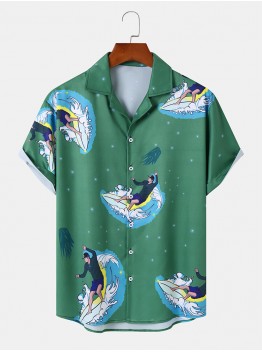 Mens Surfing Male Print Hem Cuff Short Sleeve Shirts